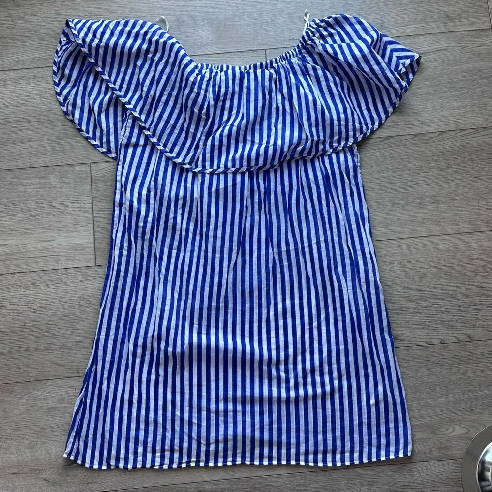 J.Crew Blue White Stripe Off Shoulder Dress XS Cotton Ruffle
